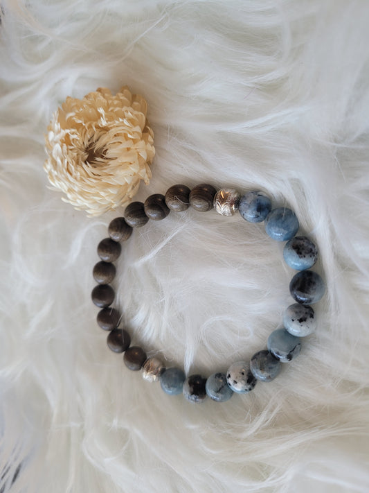 Aquamarine Biotite & Wooden Beads